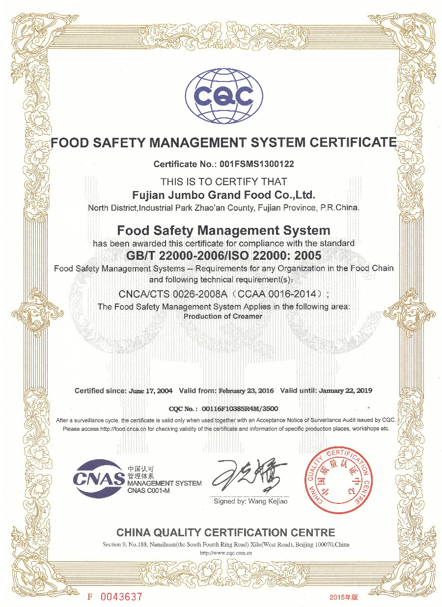 jumbo grand -iso22000 chứng nhận hệ thống quản lý an toàn thực phẩm