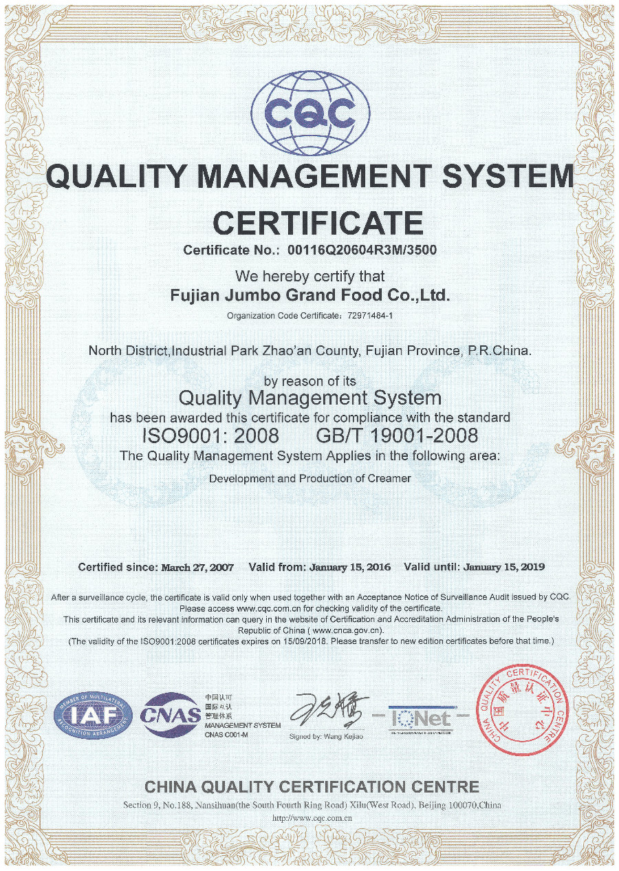 chứng chỉ hệ thống quản lý chất lượng jumbo grand -iso 9001